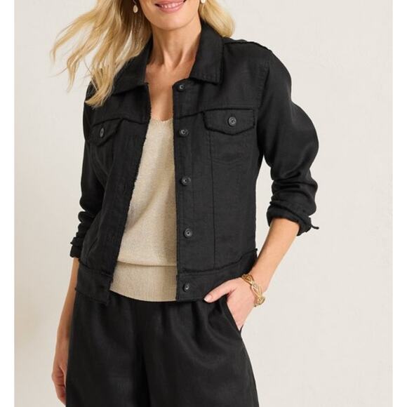 Tommy Bahama Two Palms 100% Linen Raw Edge Jacket Black Large Coastal - Picture 1 of 10